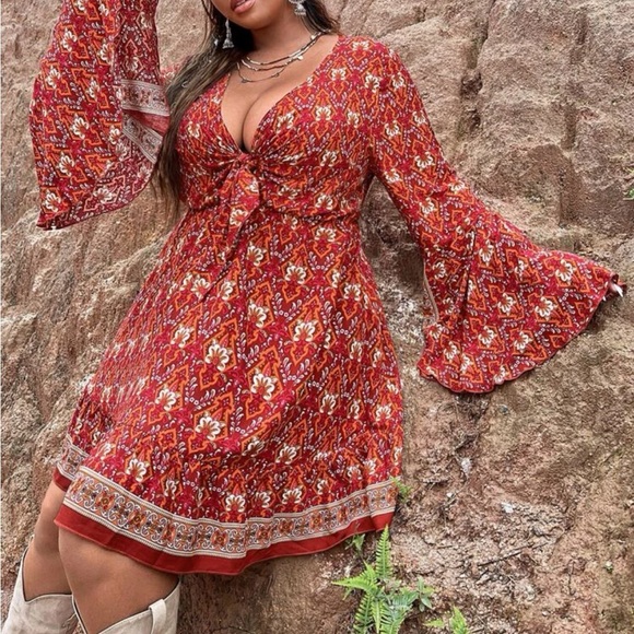 Boho flounce sleeve tie front dress - Picture 4 of 5